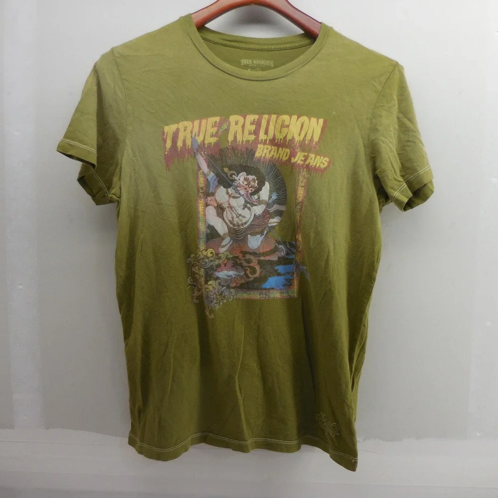 True Religion Mens Olive Green Graphic T-Shirt Mythological Print Small